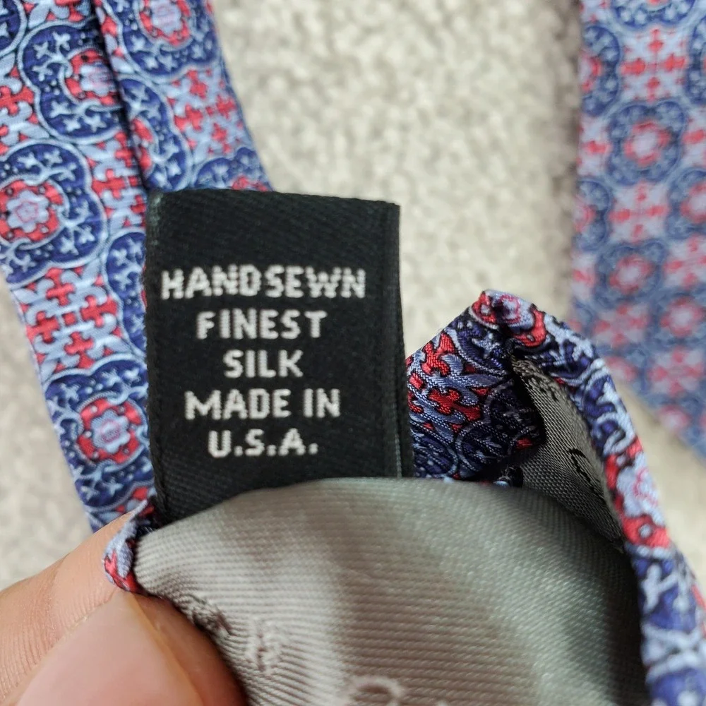 Robert Talbott Silk‎ Tie Handsewn Made in USA Geometric Pattern Blue Red Office